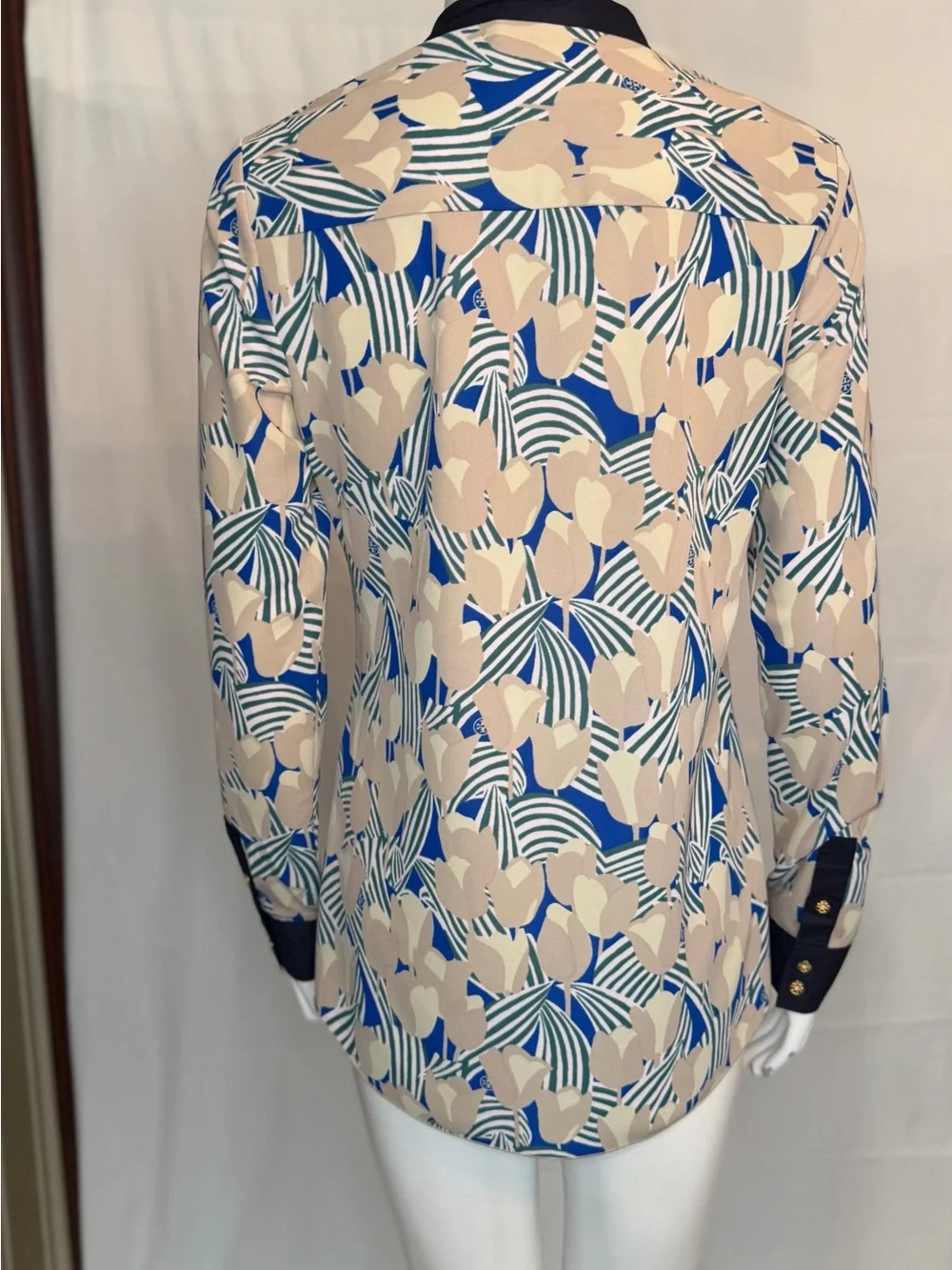 Tory Burch Navy-Trim Floral Button Shirt with Gold Buttons
